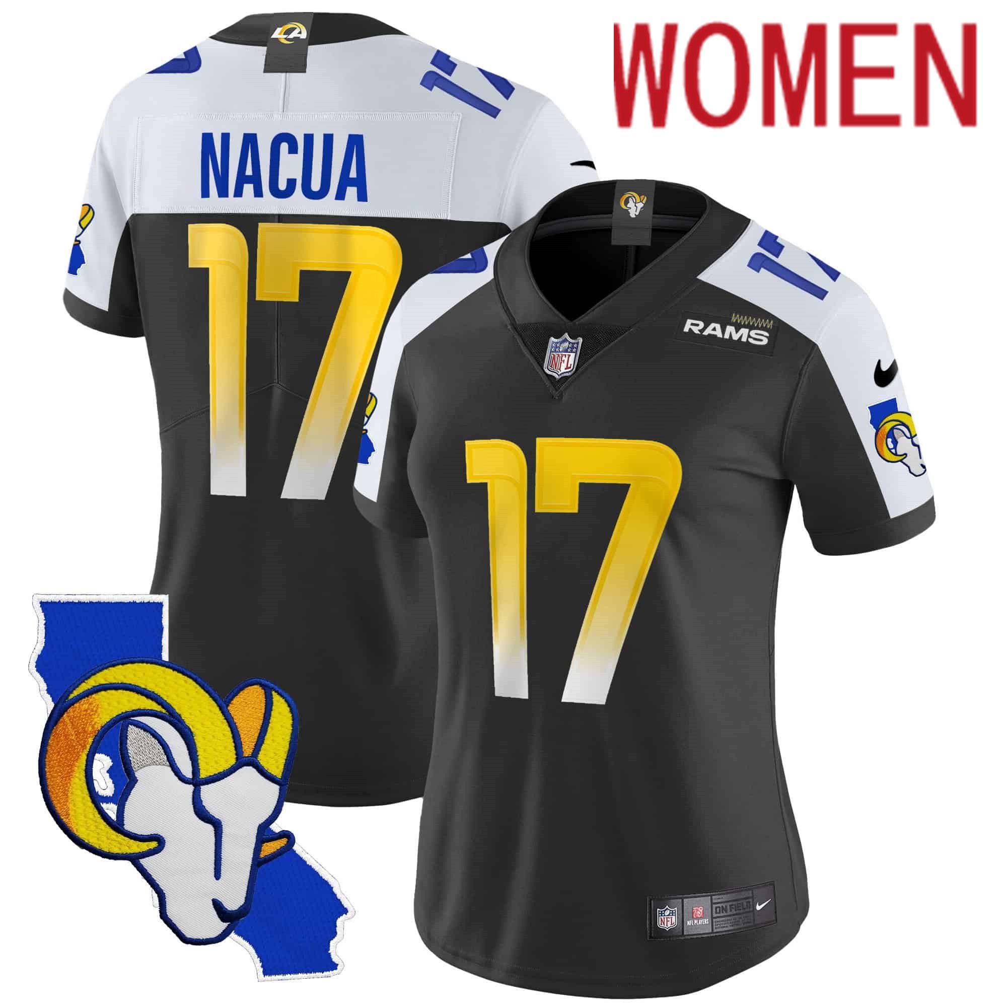 Women Los Angeles Rams #17 Nacua Black 2024 Nike California Patch Vapor Limited NFL Jersey->women nfl jersey->Women Jersey